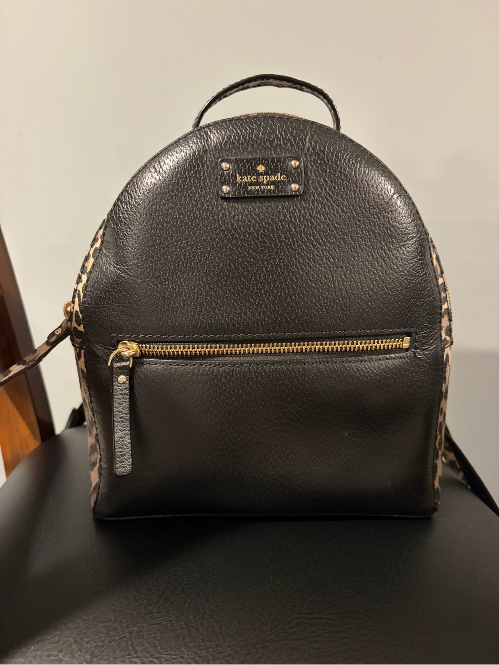 kate spade Black Leather Mini Backpack with Leopard Trim